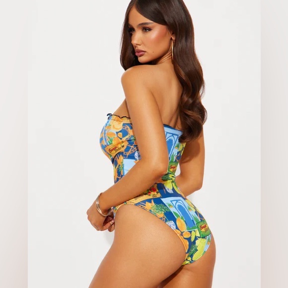 Fashion Nova Strapless Floral Citrus Print One-Piece Swimsuit - Blue/Yellow - Picture 3 of 9